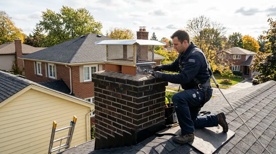 Technician performing chimney cap services at an Ontario home