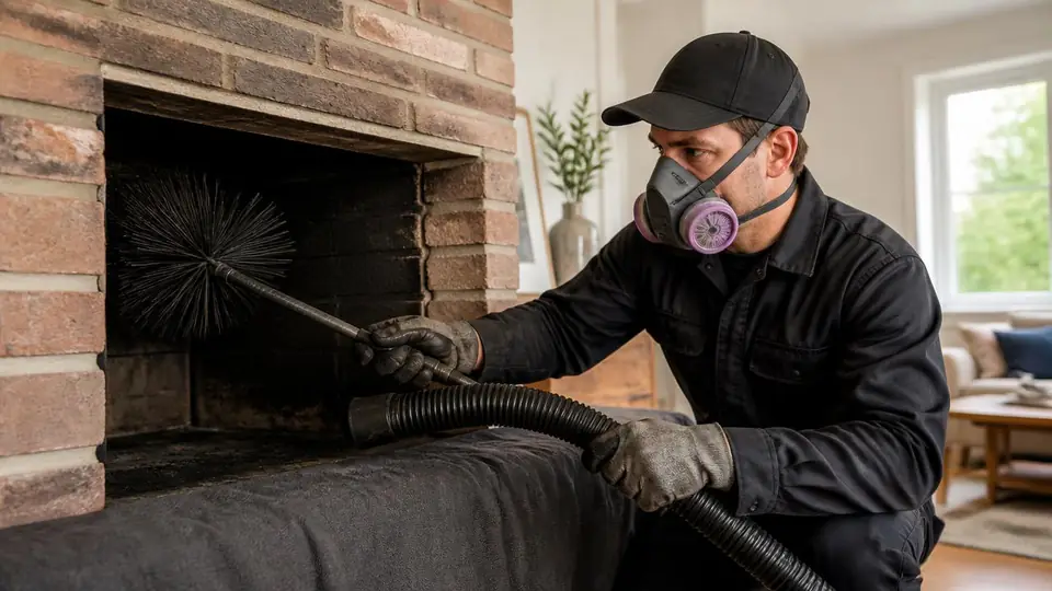 Technician performing chimney cleaning at an Ontario home