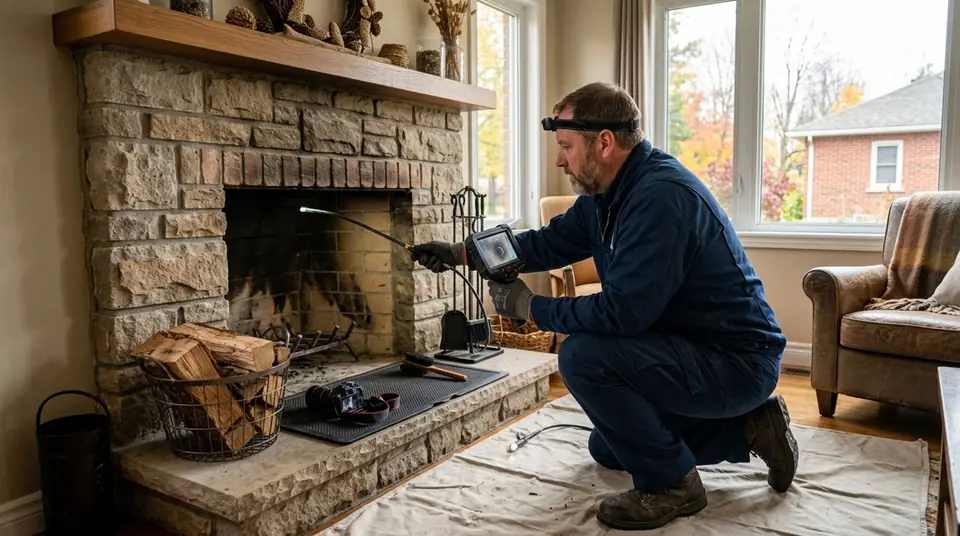 Technician performing chimney inspection at an Ontario home