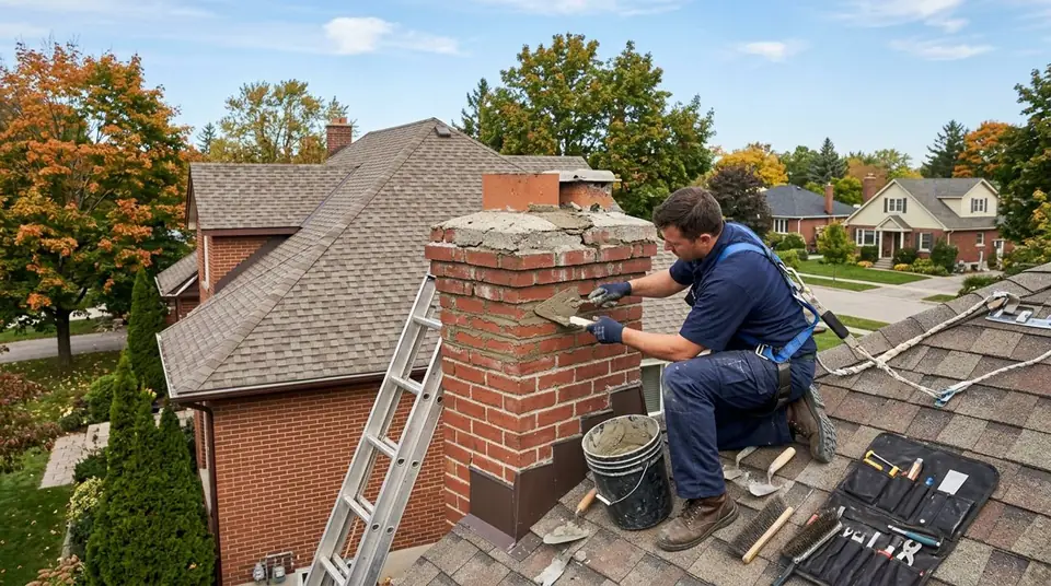 Technician performing chimney repair at an Ontario home